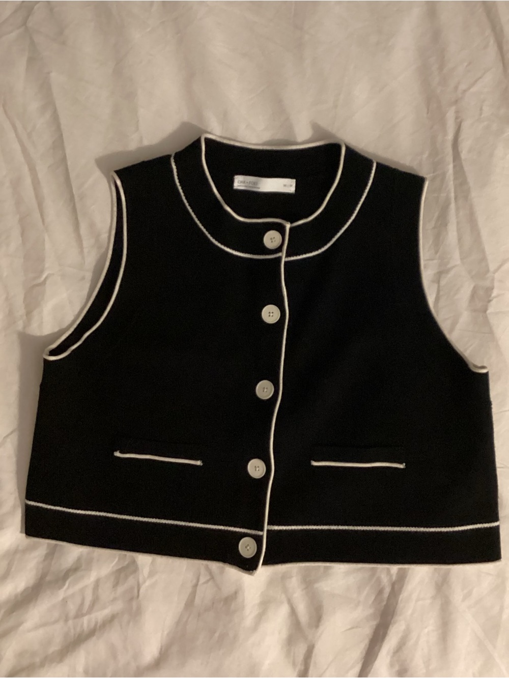 OAK + FORT Black Knit Button Vest with White Trim